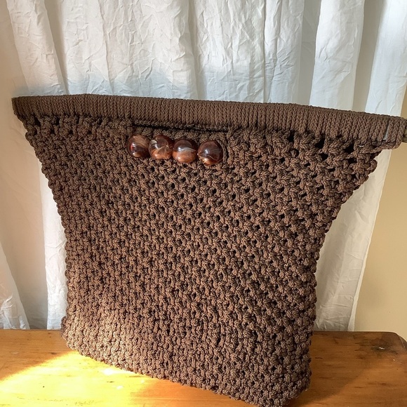 Brown Beaded Macrame Bag Purse Clutch - Picture 2 of 11